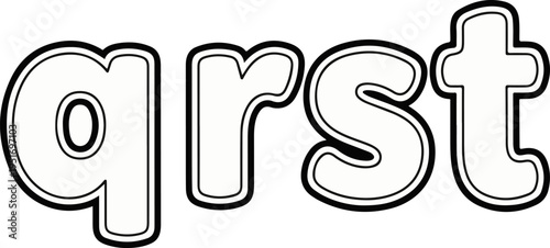 Stylized black and white lowercase letters q, r, s, and t