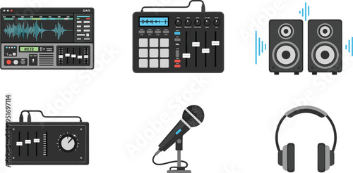 Audio Production Vector Illustration Showing DAW Mixer Microphone Speaker and Headphones