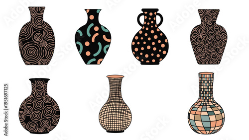 Set of seven decorative ceramic vases featuring various intricate geometric patterns and earthy color palettes for interior design.