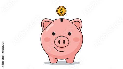 Classic pink ceramic piggy bank with a friendly smile receives a gold dollar coin through its top slot for savings and finance.