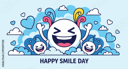 Happy Smile Day festive banner with joyful emojis jumping among fluffy blue clouds and hearts in a bright sky background.