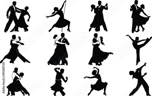 Ballroom and latin dance silhouettes set, couples performing elegant tango and waltz poses, partner dance collection, artistic movement vector illustration