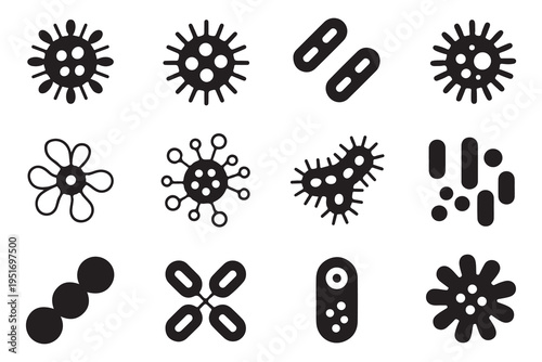 Set of microscopic organism icons including bacteria and viruses for healthcare and science projects