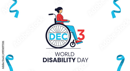 World Disability Day awareness poster for December 3rd featuring a woman in a wheelchair and blue ribbon decorations on white.