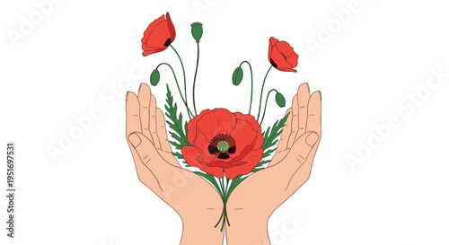 Memorial Day tribute showing a pair of hands gently holding bright red poppy flowers with green stems on a white background.