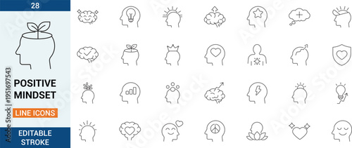 Positive mindset outline icon set with symbols of motivation, optimism, self-growth, resilience, gratitude, and wellbeing. Clean line style ideal for wellness and psychology designs.
