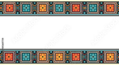 Vibrant ethnic geometric border featuring colorful square patterns in blue orange and red tones with a central white copy space.