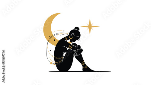 Mystical silhouette of a seated woman adorned with gold jewelry rests against a large crescent moon and a bright shining star.