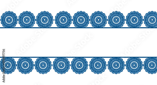 Elegant blue lace border with intricate circular mandala patterns on top and bottom edges against a clean white background.