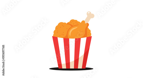 Cartoon illustration of crispy golden fried chicken pieces in a red and white striped paper bucket on a flat white background.