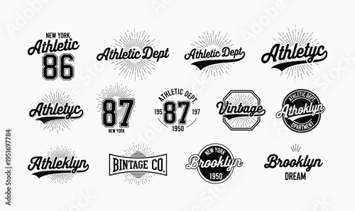 New York Brooklyn Athletic Dept Vector Set with Vintage Script Sports Typography for Apparel Design