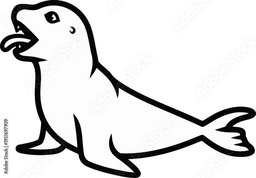 Black and white outline illustration of a playful seal with its tongue out
