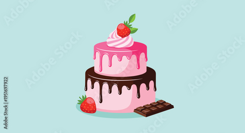 Delicious two-tier pink cake decorated with chocolate drip fresh strawberries and a chocolate bar on a light blue background.