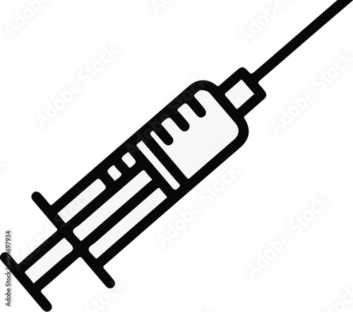 Black and white illustration of a medical syringe with a needle