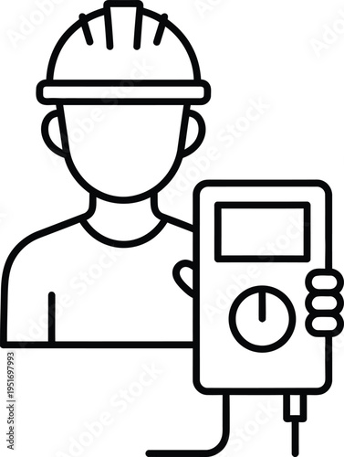 Electrician Worker Line Icon – Technician Holding Multimeter Device, Electrical Testing and Maintenance Outline Vector