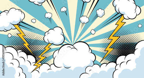 Dynamic comic book style background featuring bright yellow lightning bolts clouds and blue radial rays with halftone textures.