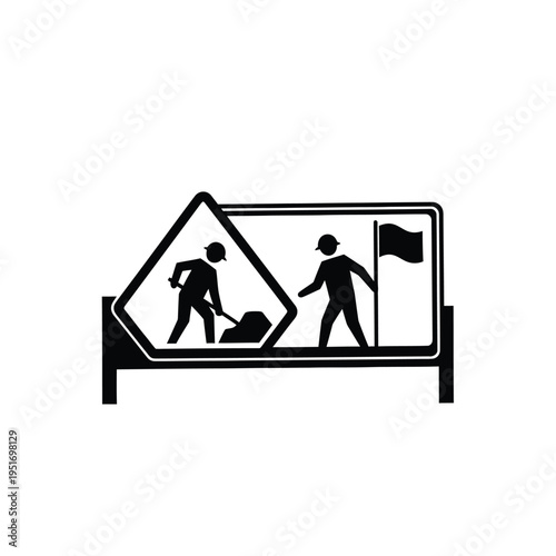 Black and white road sign with construction workers and flagger