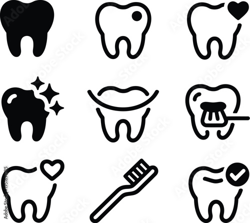 Dental health icon set, silhouette teeth icons featuring various treatments symbols for oral care dentistry clinic services and medical design.