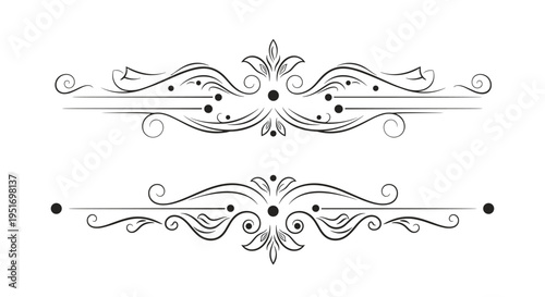 Set of two intricate black scroll dividers with floral motifs and geometric dots perfect for separating text in formal documents.