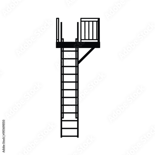 Black metal ladder leading to elevated platform with railing