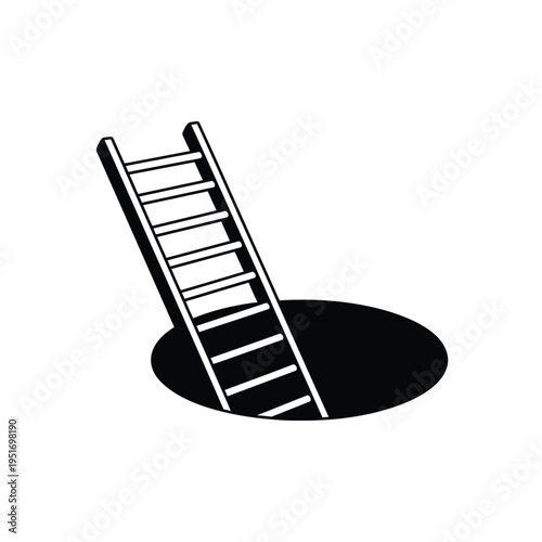 Black and white ladder leaning towards a dark round hole