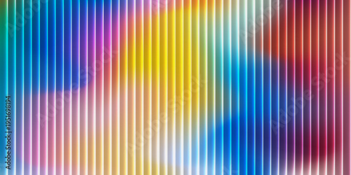 Ripple glass gradient background with vertical translucent stripes in blue, yellow, red, and white. Glossy blurred texture with refraction effect, luminous glow, and vibrant multicolor depth.