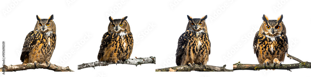 Obraz premium four owls sitting on a branch isolated on transparent background