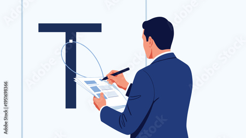 Professional man in a dark blue suit uses a stylus to design a large uppercase letter t for a typography or branding project.