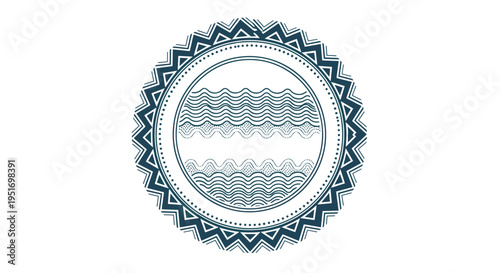 Circular blue seal featuring intricate wave patterns and a serrated outer edge for maritime or aquatic theme branding.