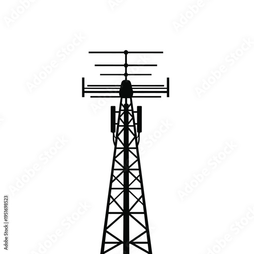 Black silhouette of a radio transmission tower with antenna