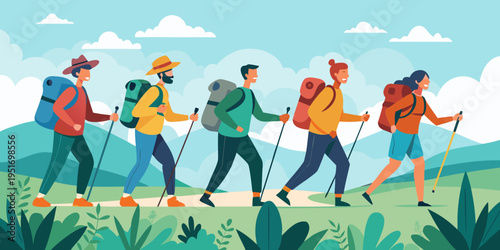 Vector illustration. Set of backgrounds with a group of hikers climbing, equipped with backpacks and walking sticks. Clear sky, nature scene landscape. Concept of friendship, teamwork and