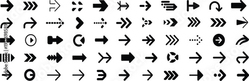 Collection of black arrow and symbols on a white background direction right forward