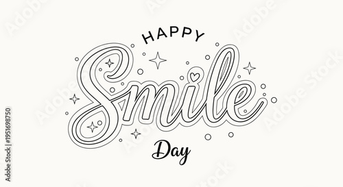 Happy smile day text in a decorative outline script font surrounded by small stars and circles on a clean light cream background.