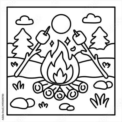 Campfire with marshmallows coloring page for children showing bonfire with roasting sticks and evening sky in simple line art for summer camp book bold and easy coloring page for summer