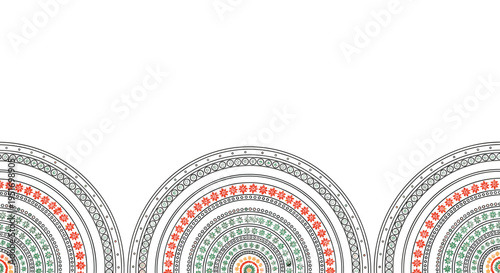 Ethnic circular patterns in red and green arranged along the bottom edge of a white background to form a decorative mandala border.