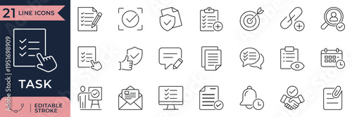 Task management and checklist line icons for productivity and workflow organization