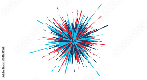 Vibrant blue and red paint splash burst with numerous small droplets and lines radiating outwards from a central point on a white background.