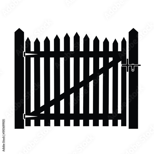 Black silhouette of a wooden picket fence gate with diagonal brace