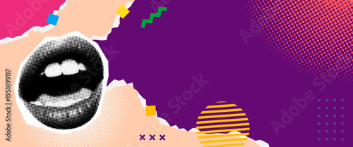 Pop Art Lips with Geometric Shapes - Memphis Style Banner with Halftone Patterns and Torn Paper Collage
