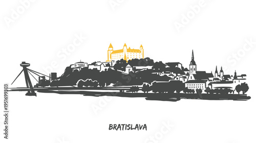 Hand-drawn sketch of Bratislava cityscape with the iconic castle and UFO bridge, showcasing the capital of Slovakia.