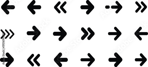 Collection of black arrow pointing left right and double arrows on white background