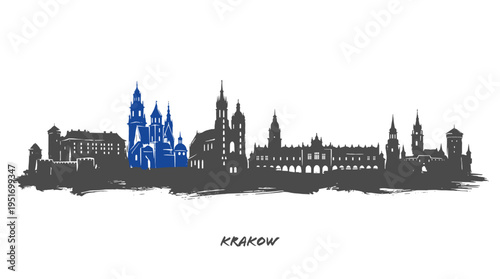 Striking silhouette of the Krakow skyline featuring iconic buildings highlighted in vibrant blue against a white background.