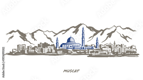 A hand-drawn sketch of the Muscat skyline featuring a prominent mosque with minarets and domes, set against a backdrop of rugged mountains.