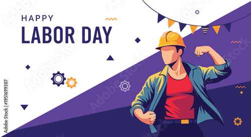 Happy labor day illustration of a muscular construction worker in a hard hat flexing his arm against a purple and white background.