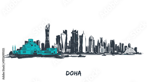 Doha skyline illustration featuring modern skyscrapers and a distinctive turquoise building on the left.