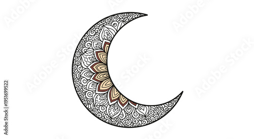 Detailed crescent moon filled with intricate mandala patterns and floral designs in black and white with subtle gold and brown accents.