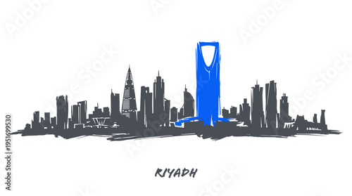 A stylized, hand-drawn illustration of the Riyadh skyline, featuring the Kingdom Centre tower prominently in bright blue against a silhouette of other skyscrapers.