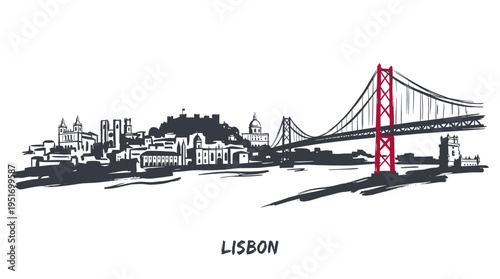 A striking black and white sketch of the Lisbon skyline, featuring the iconic 25 de Abril Bridge with its red tower, overlooking the Tagus River.
