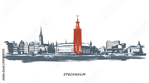A stylized illustration of the Stockholm skyline, featuring the iconic City Hall tower highlighted in red.