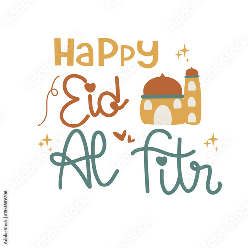 Happy Eid Al Fitr Greeting with Cute Mosque Illustration